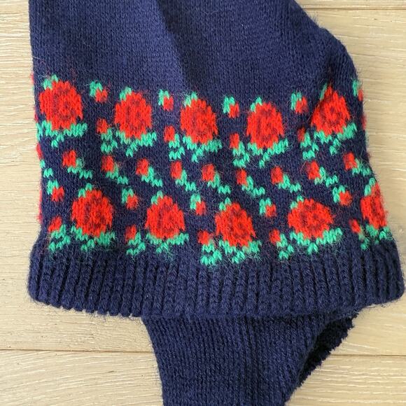 Vintage Baby Navy Blue Red Rose Print Knit Winter Elf Hat Size 0-6 Mo. - Picture 2 of 6